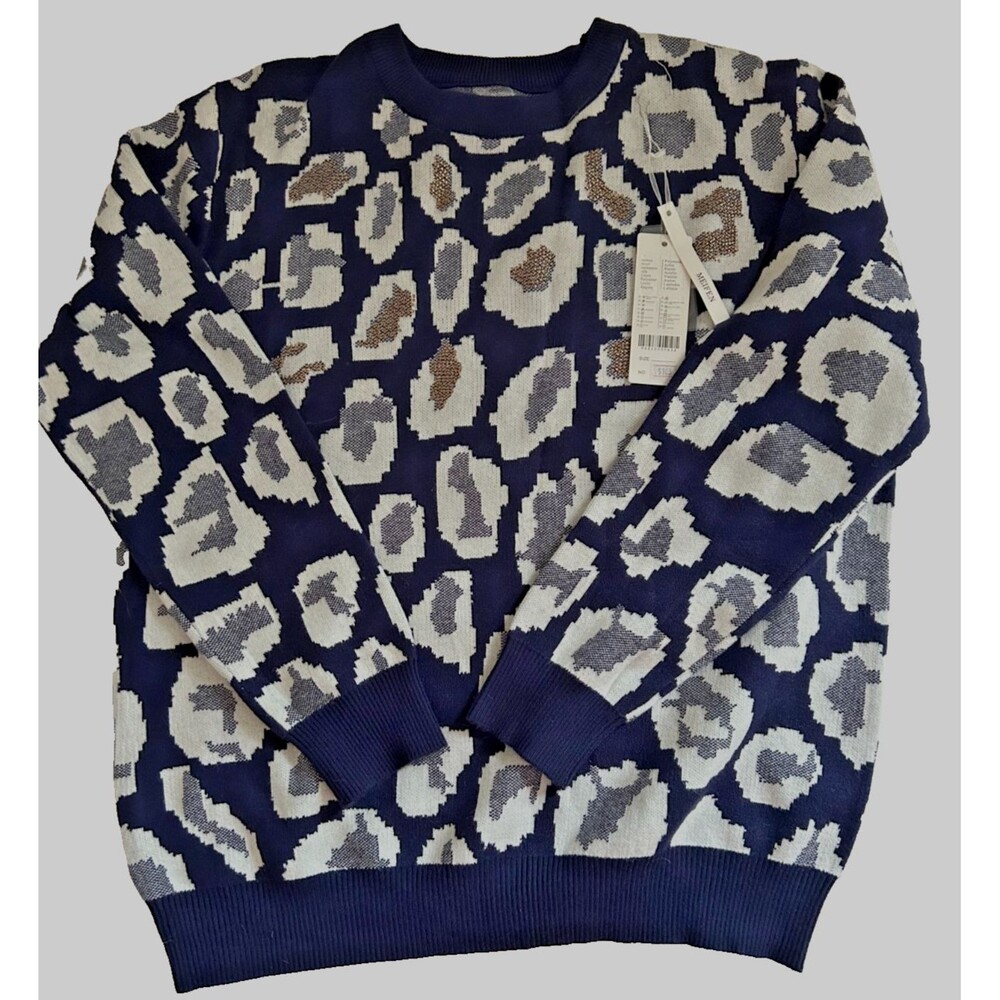 Women XL Navy Blue White Print Cashmere Blend Casual Crewneck Sweater Pullover